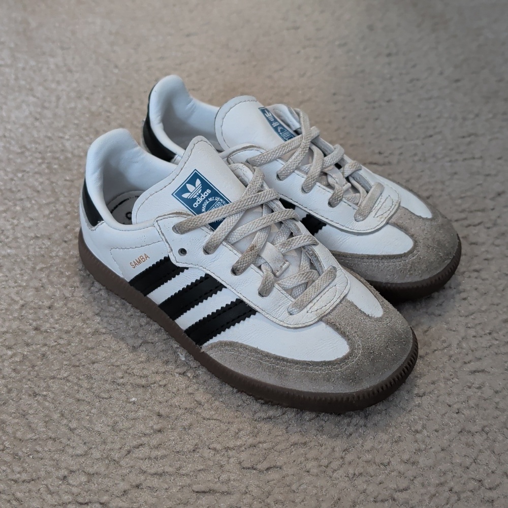 adidas Kids Samba Sneakers in White, Black & Gray Suede